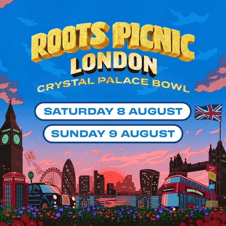 Roots Picnic London festival poster with the text "Saturday 8 August" and "Sunday 9 August".